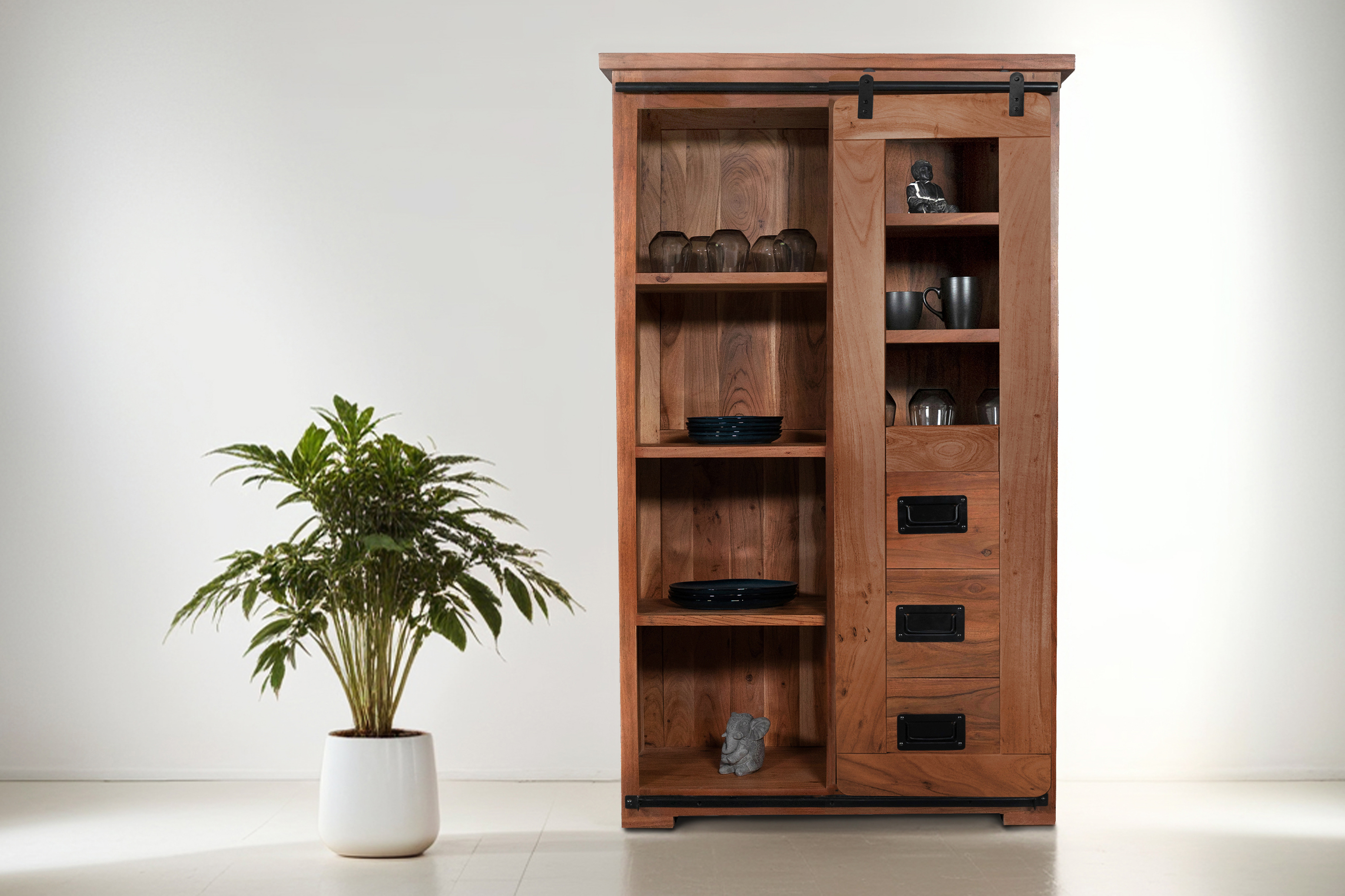 Vitrine_100x175x45_nuss_Glasschiebetuer_3_Schubfaecher_01